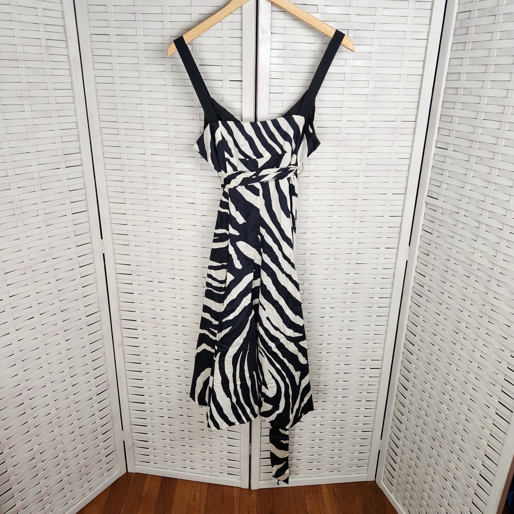 Zara Basic Zebra Dress Black White Size L Sleeveless Knee Length Belt A Line - Picture 2 of 7